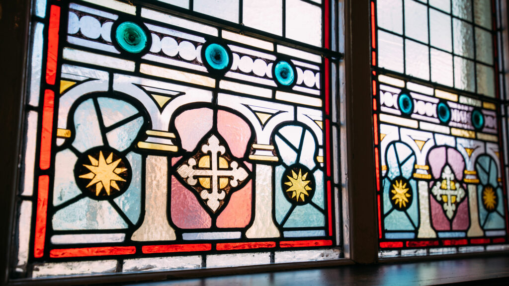 Stained glass window inside St Marys University College