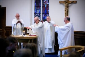 Welcoming the congregation before a Mass for the Dedication of Studies, Professor Peter Finn reflected on the significance of this milestone occasion. Picture setting in St Marys Chapel with four priests and a full congregation