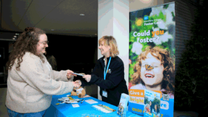 Staff from HSC NI Foster Care visit st marys university college to meet and chat with students